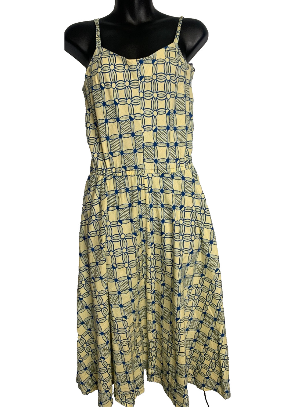 Jah Zara Women's Medium Light Yellow Blue Floral Sleeveless Spagetti Strap Dress